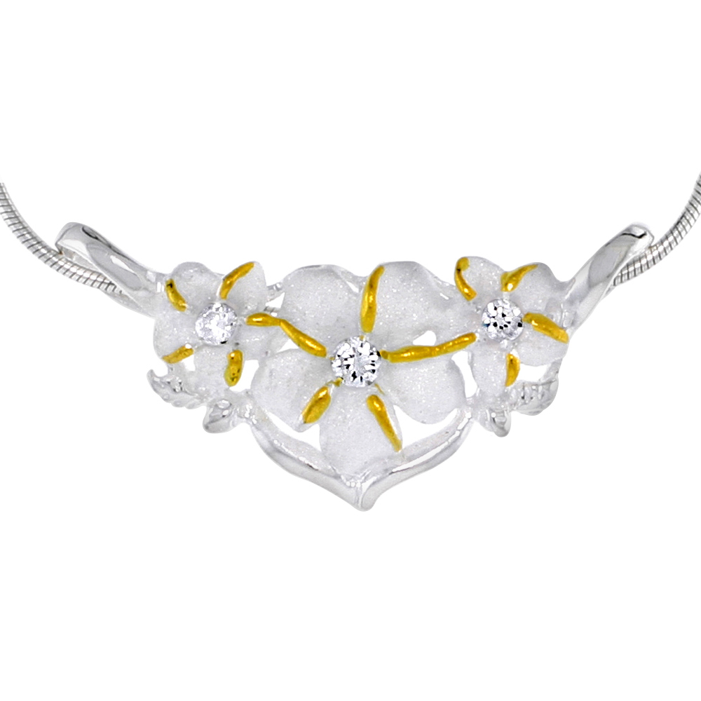 Hawaiian Theme Sterling Silver 2-Tone Triple Plumeria Flower Slider Pendant, 1 3/8 (35 mm) wide