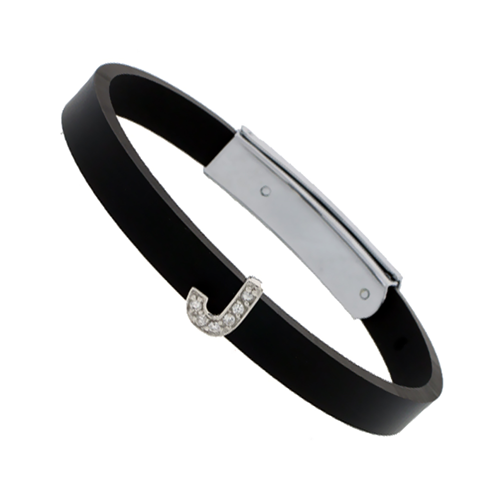 Sterling Silver Block Initial Letter J Alphabet Charm with CZ Stones, for use with 8 mm Flat Rubber Bracelets