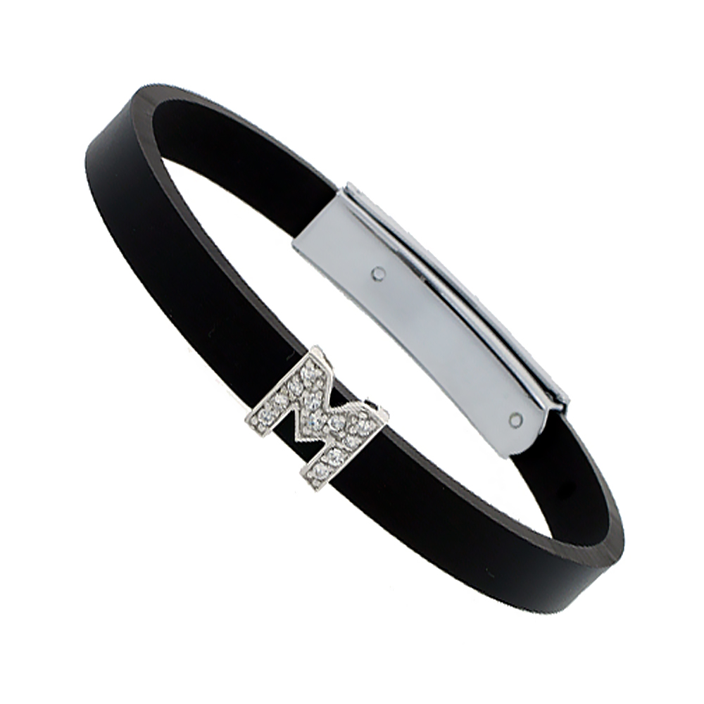 Sterling Silver Block Initial Letter M Alphabet Charm with CZ Stones, for use with 8 mm Flat Rubber Bracelets