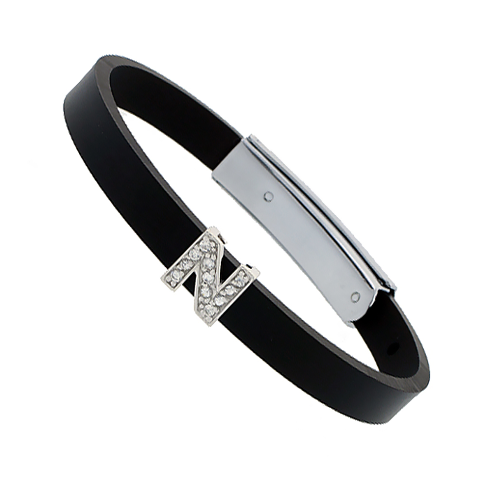 Sterling Silver Block Initial Letter N Alphabet Charm with CZ Stones, for use with 8 mm Flat Rubber Bracelets