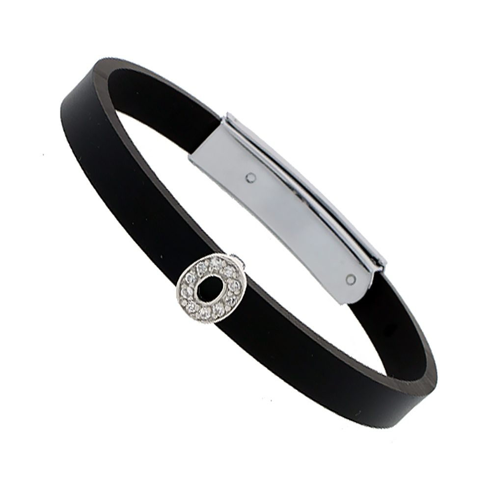 Sterling Silver Block Initial Letter O Alphabet Charm with CZ Stones, for use with 8 mm Flat Rubber Bracelets