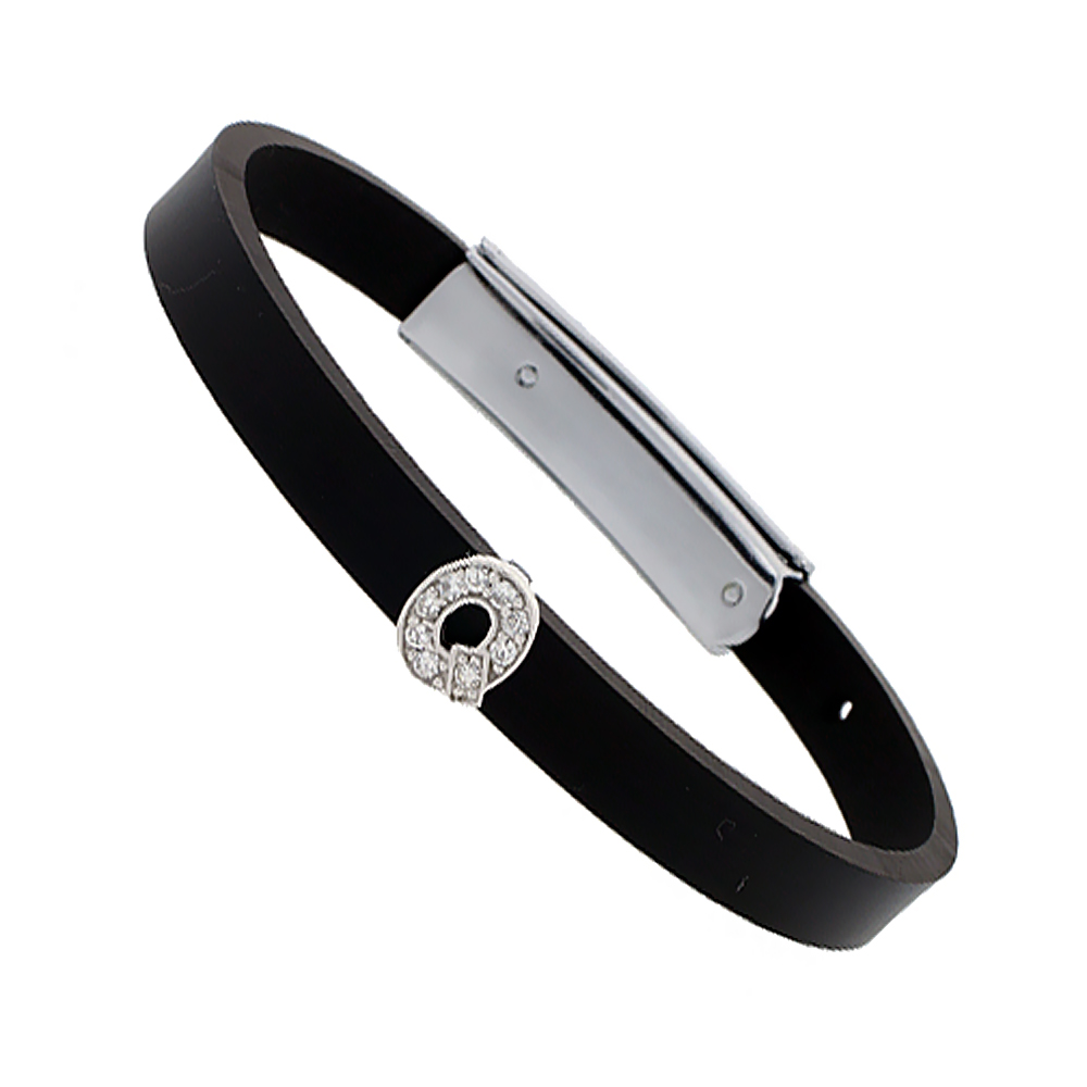 Sterling Silver Block Initial Letter Q Alphabet Charm with CZ Stones, for use with 8 mm Flat Rubber Bracelets