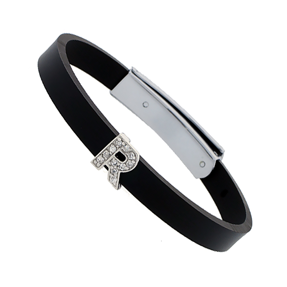Sterling Silver Block Initial Letter R Alphabet Charm with CZ Stones, for use with 8 mm Flat Rubber Bracelets