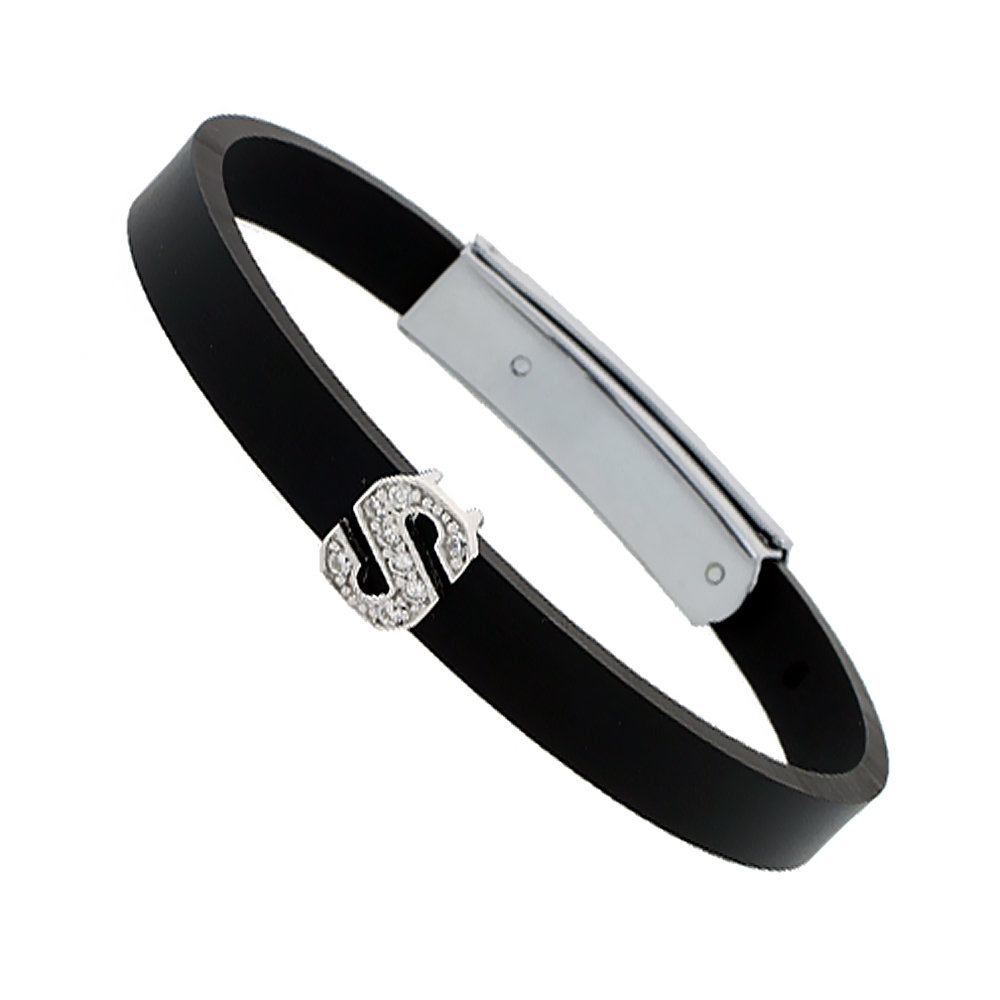 Sterling Silver Block Initial Letter S Alphabet Charm with CZ Stones, for use with 8 mm Flat Rubber Bracelets