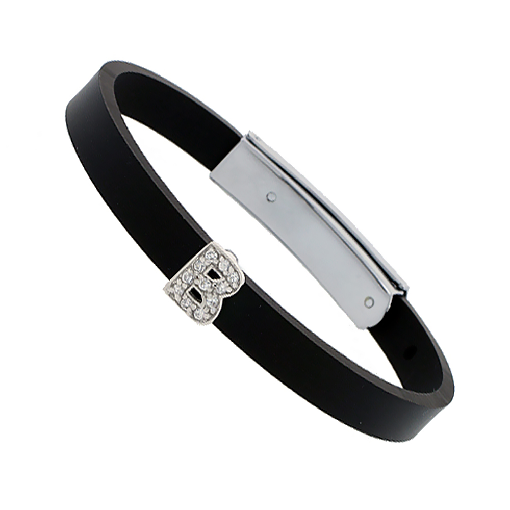 Sterling Silver Block Initial Letter B Alphabet Charm with CZ Stones, for use with 8 mm Flat Rubber Bracelets