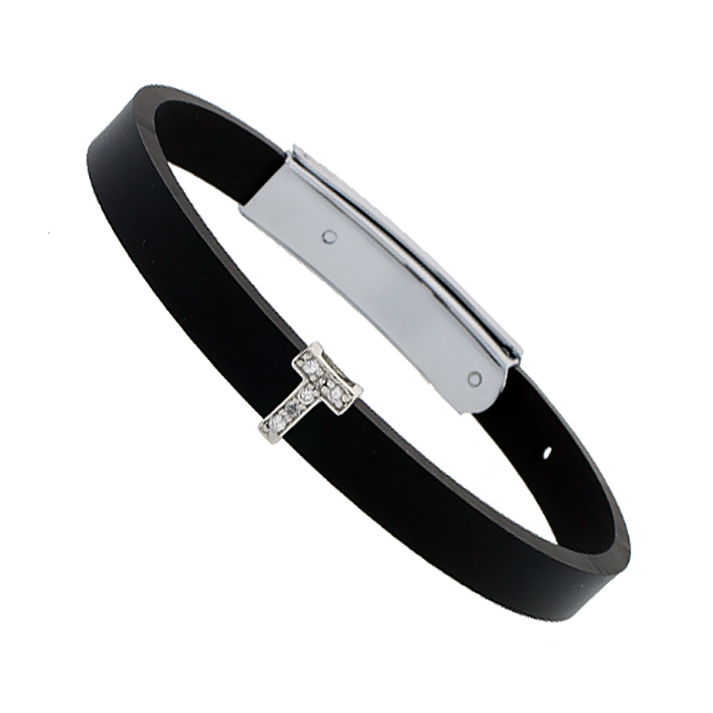 Sterling Silver Block Initial Letter T Alphabet Charm with CZ Stones, for use with 8 mm Flat Rubber Bracelets