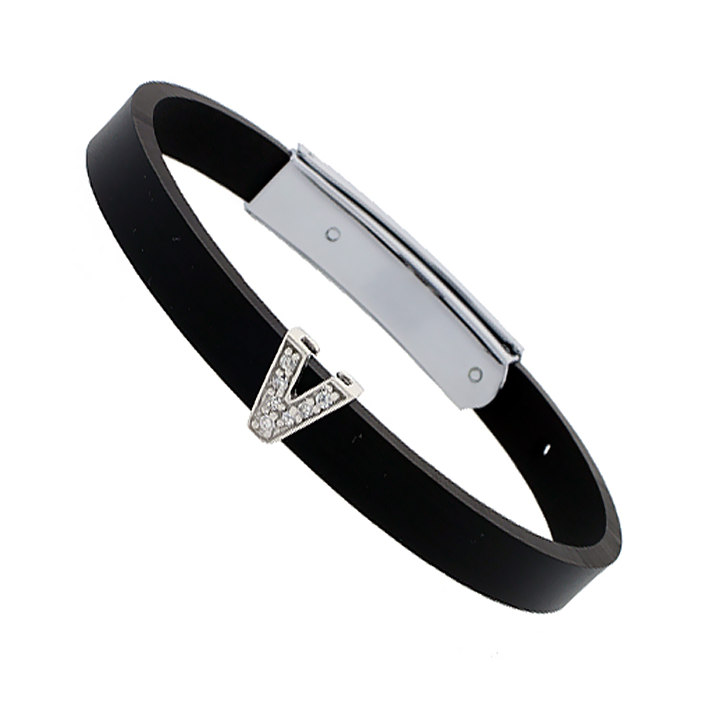 Sterling Silver Block Initial Letter V Alphabet Charm with CZ Stones, for use with 8 mm Flat Rubber Bracelets