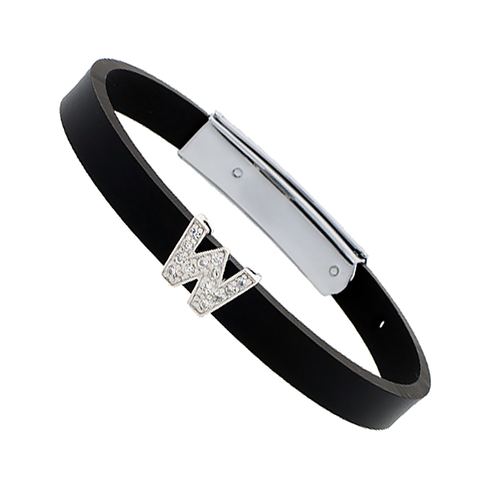 Sterling Silver Block Initial Letter W Alphabet Charm with CZ Stones, for use with 8 mm Flat Rubber Bracelets