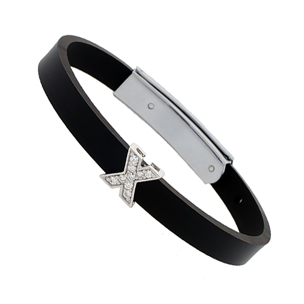 Sterling Silver Block Initial Letter X Alphabet Charm with CZ Stones, for use with 8 mm Flat Rubber Bracelets