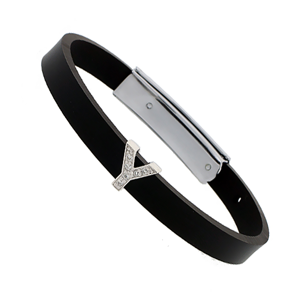 Sterling Silver Block Initial Letter Y Alphabet Charm with CZ Stones, for use with 8 mm Flat Rubber Bracelets