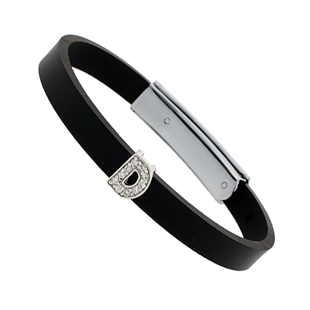 Sterling Silver Block Initial Letter D Alphabet Charm with CZ Stones, for use with 8 mm Flat Rubber Bracelets