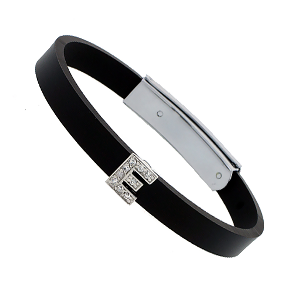 Sterling Silver Block Initial Letter E Alphabet Charm with CZ Stones, for use with 8 mm Flat Rubber Bracelets