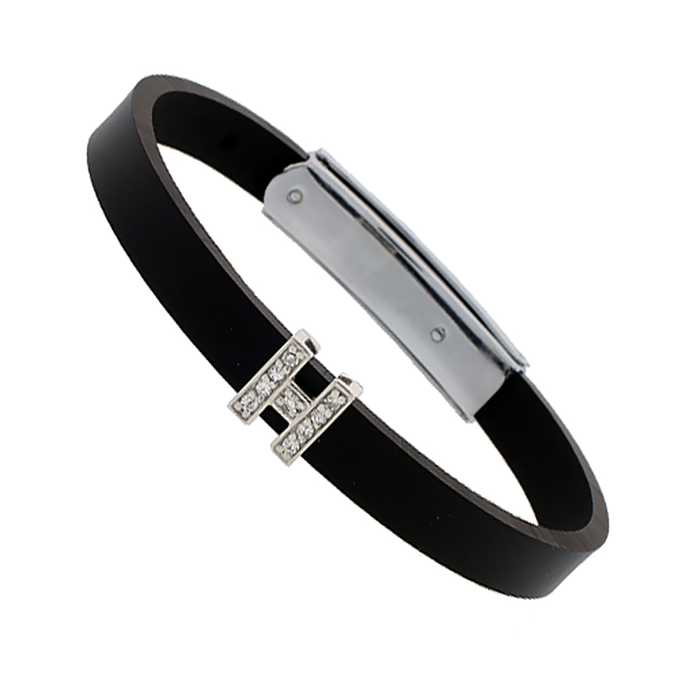Sterling Silver Block Initial Letter H Alphabet Charm with CZ Stones, for use with 8 mm Flat Rubber Bracelets