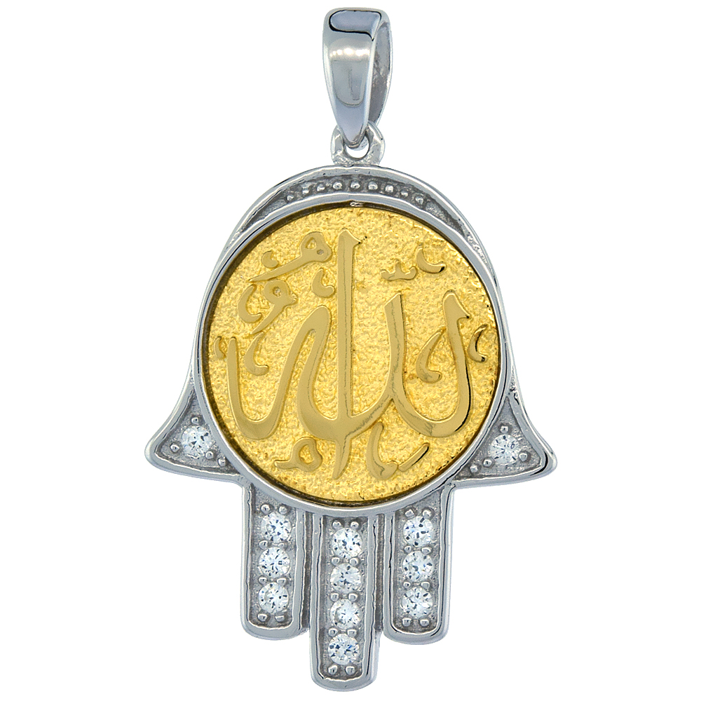 Sterling Silver ALLAH Gold-plated CZ Islamic Pendant, 13/16 inch long