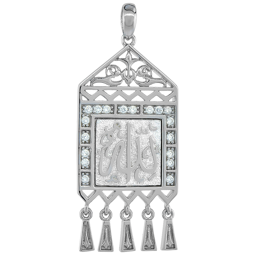 Sterling Silver ALLAH Islamic CZ Pendant with Tassels, 1 9/16 inch long