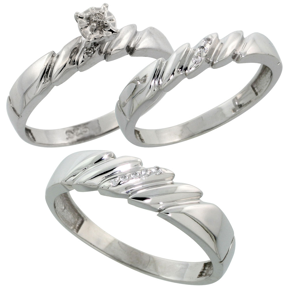 Sterling Silver 3-Piece Trio His (5mm) & Hers (4mm) Diamond Wedding Band Set, w/ 0.10 Carat Brilliant Cut Diamonds; (Ladies Size 5 to10; Men's Size 8 to 14)