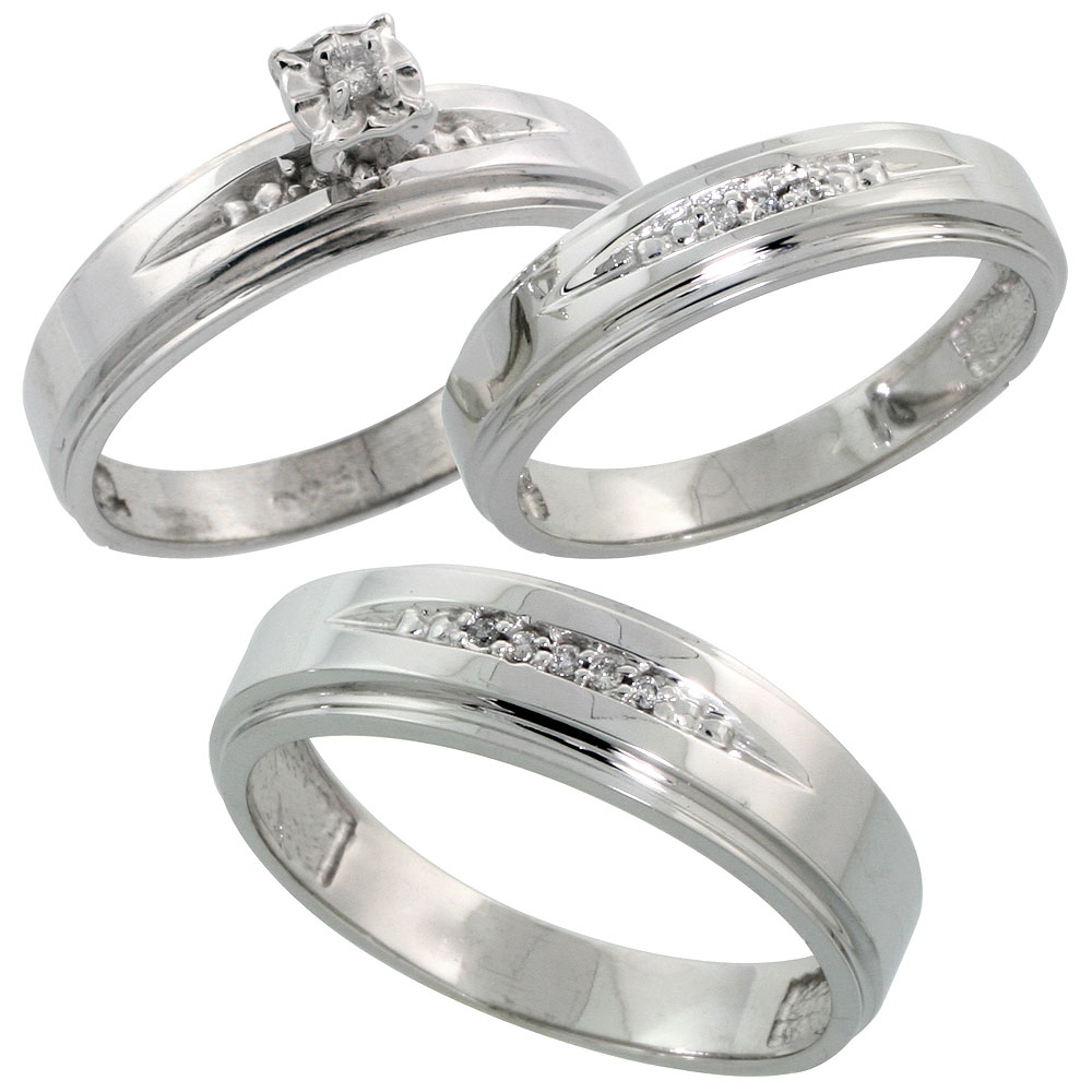 Sterling Silver 3-Piece Trio His (6mm) & Hers (5mm) Diamond Wedding Band Set, w/ 0.11 Carat Brilliant Cut Diamonds; (Ladies Size 5 to10; Men's Size 8 to 14)