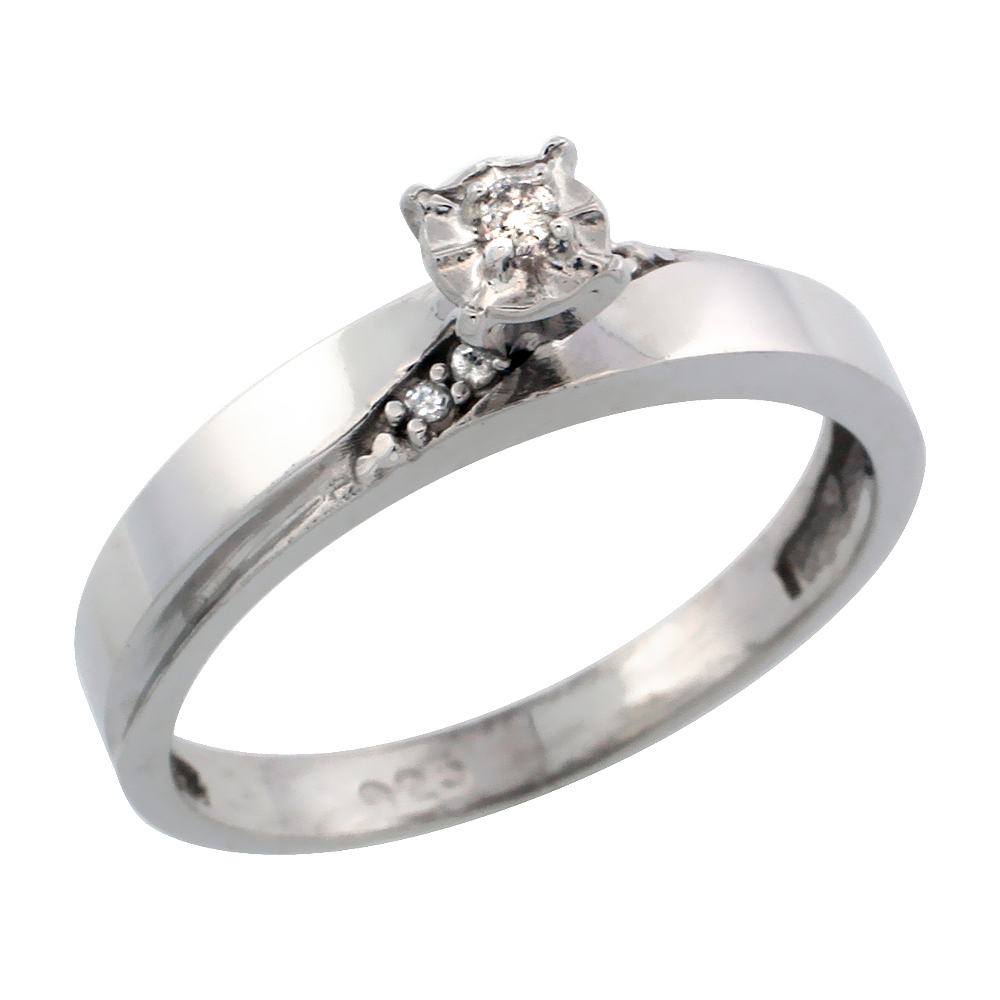 Sterling Silver Diamond Engagement Ring, w/ 0.06 Carat Brilliant Cut Diamonds, 1/8in. (3.5mm) wide