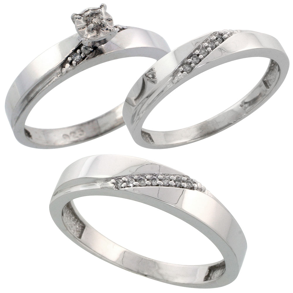 Sterling Silver 3-Piece Trio His (4.5mm) & Hers (3.5mm) Diamond Wedding Band Set, w/ 0.13 Carat Brilliant Cut Diamonds; (Ladies Size 5 to10; Men's Size 8 to 14)