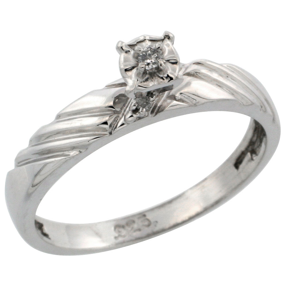 Sterling Silver Diamond Engagement Ring, w/ 0.06 Carat Brilliant Cut Diamonds, 1/8in. (3.5mm) wide