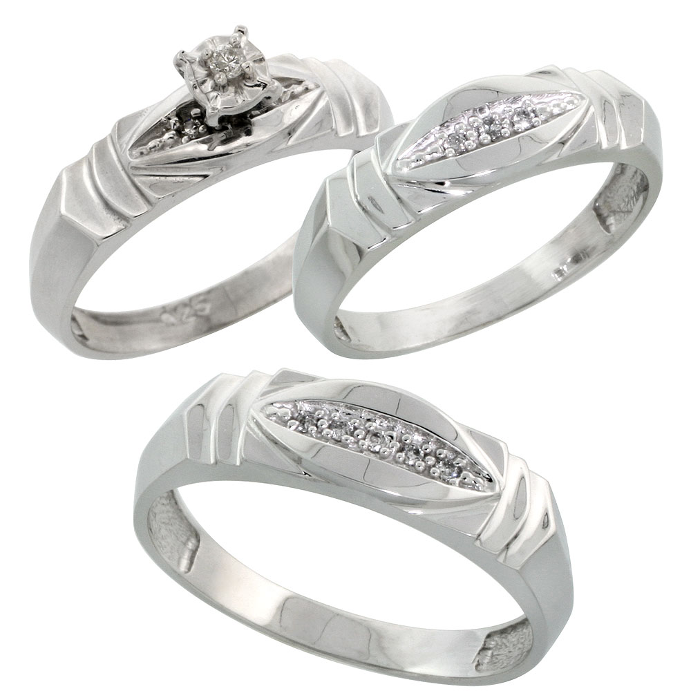 Sterling Silver 3-Piece Trio His (6mm) & Hers (5mm) Diamond Wedding Band Set, w/ 0.09 Carat Brilliant Cut Diamonds; (Ladies Size 5 to10; Men's Size 8 to 14)