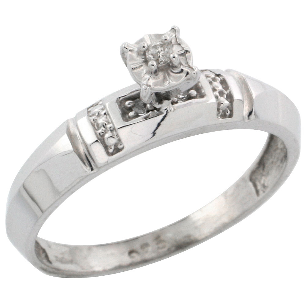 Sterling Silver Diamond Engagement Ring, w/ 0.05 Carat Brilliant Cut Diamonds, 5/32 in. (4mm) wide