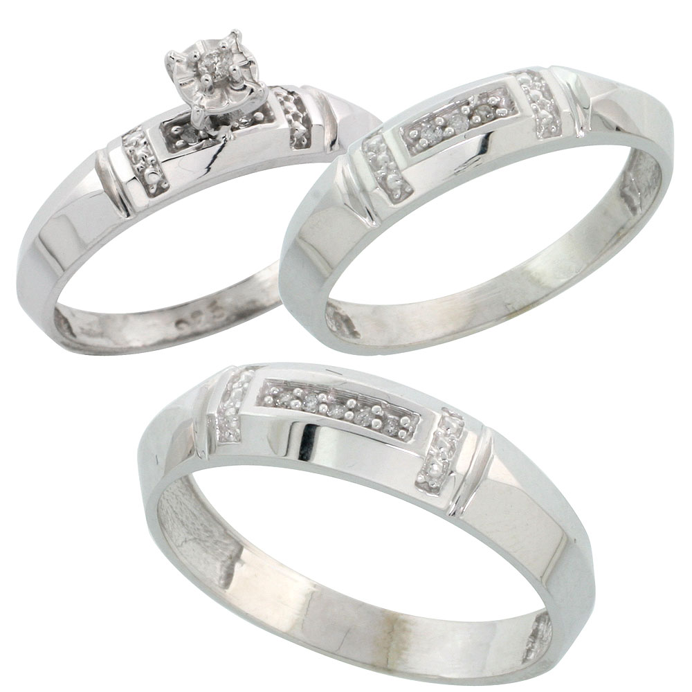 Sterling Silver 3-Piece Trio His (5.5mm) & Hers (4mm) Diamond Wedding Band Set, w/ 0.10 Carat Brilliant Cut Diamonds; (Ladies Size 5 to10; Men's Size 8 to 14)