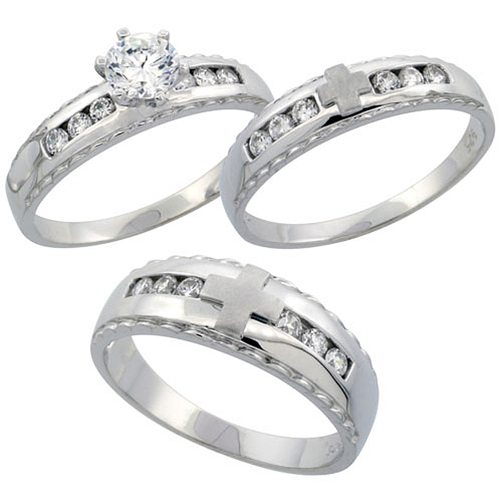 Sterling Silver 3-Piece His 7 mm & Hers 5 mm Trio Wedding Ring Set CZ Stones Rhodium Finish, Ladies sizes 5 - 10, Mens sizes 8 - 14