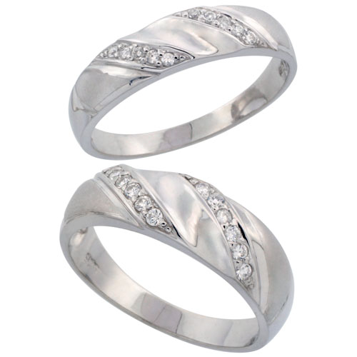 Sterling Silver 2-Piece His (7 mm) & Hers (5 mm) CZ Wedding Ring Band Set; (Ladies Size 5 to10; Men's Size 8 to 14)