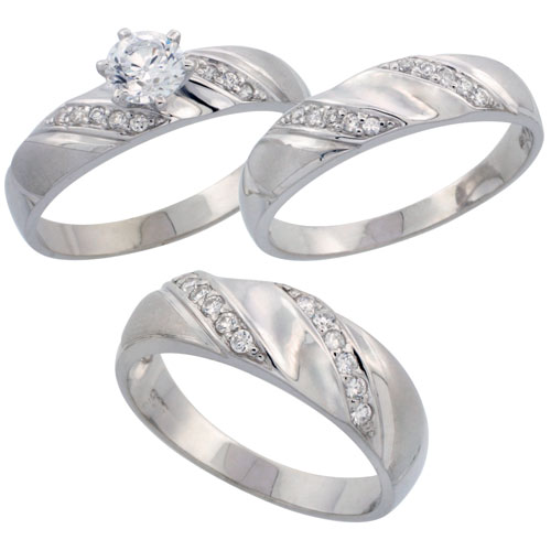 Sterling Silver 3-Piece Trio His (7 mm) & Hers (5 mm) CZ Wedding Ring Band Set; (Ladies Size 5 to10; Men's Size 8 to 14)