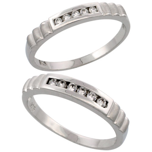 Sterling Silver 2-Piece His (4 mm) & Hers (3.5 mm) CZ Wedding Ring Band Set; (Ladies Size 5 to10; Men's Size 8 to 14)