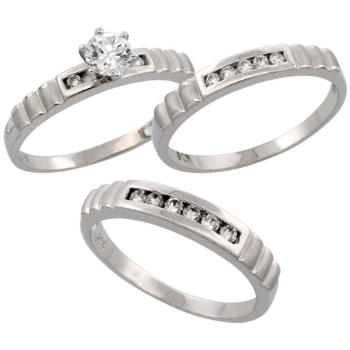 Sterling Silver 3-Piece Trio His (4 mm) & Hers (3.5 mm) CZ Wedding Ring Band Set; (Ladies Size 5 to10; Men's Size 8 to 14)