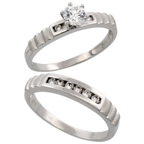 Sterling Silver 2-Piece CZ Ring Set ( 3.5mm Engagement Ring & 4mm Man's Wedding Band )