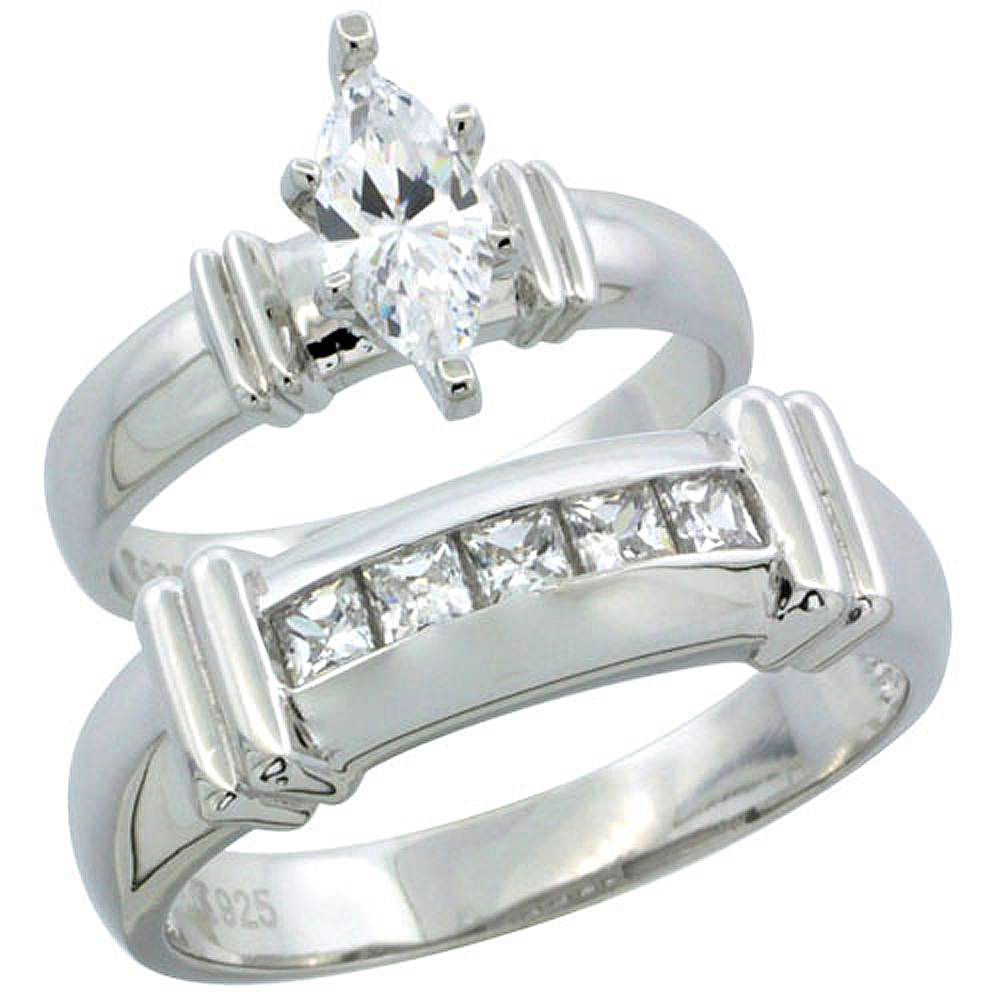 Sterling Silver Cubic Zirconia Engagement Rings Set for Him & Her Channel Set Princess 6.5mm