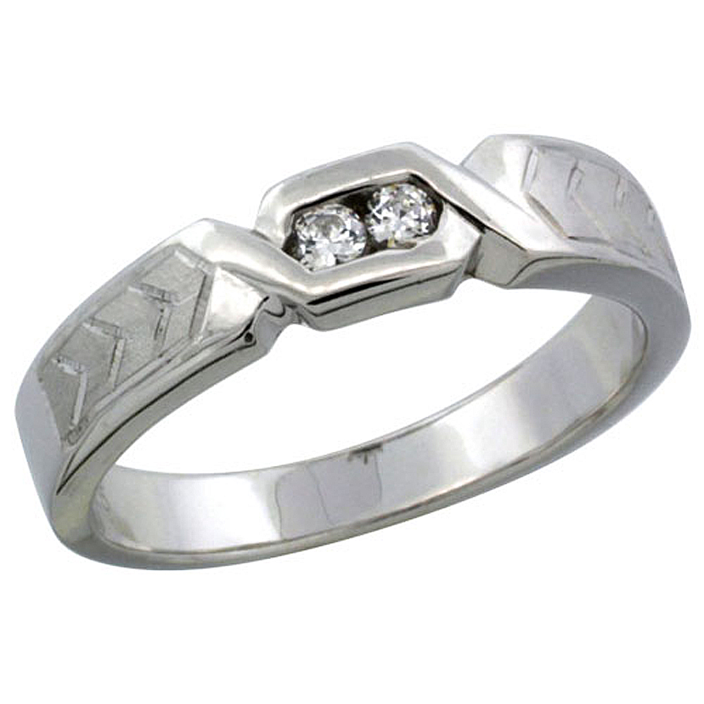 Sterling Silver Cubic Zirconia Ladies' Wedding Band Ring Chevron Pattern Channel Set, 3/16 inch wide