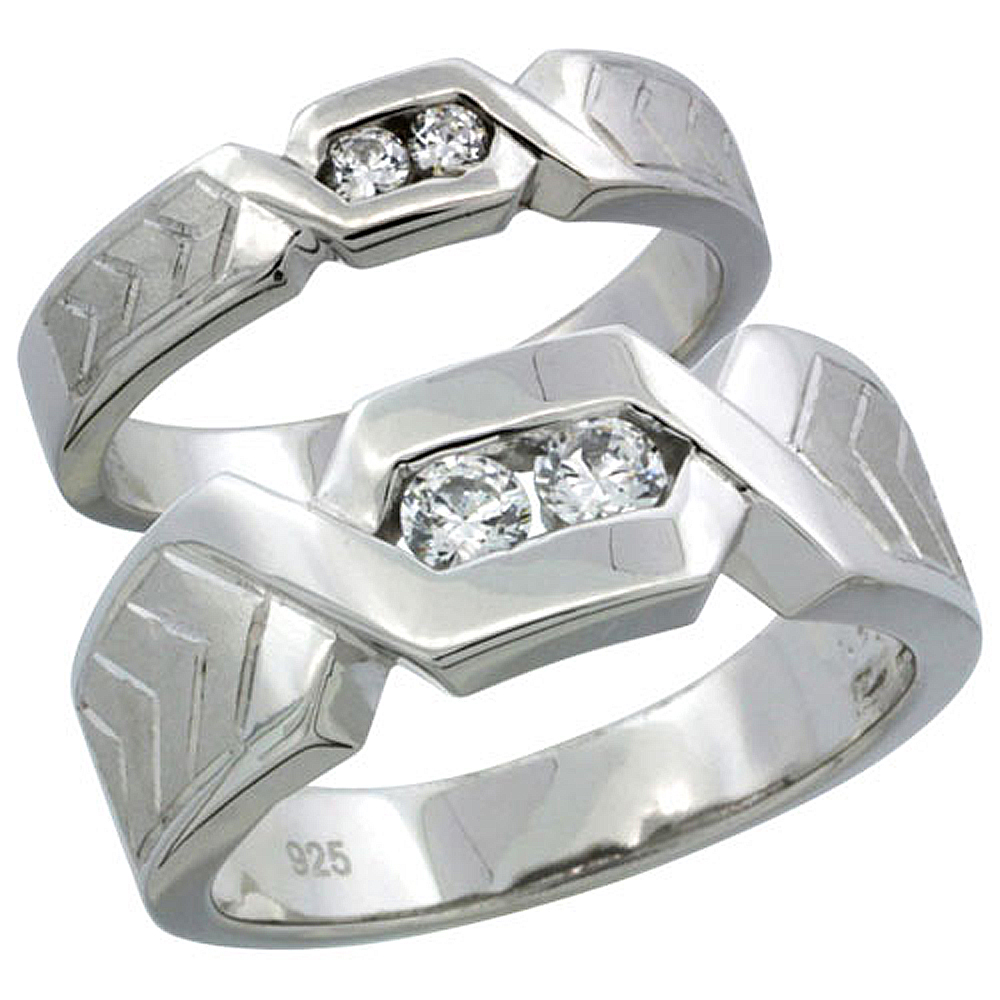 Sterling Silver Cubic Zirconia Wedding Band Ring 2-Piece Set 7.5 mm Him & Hers 4.5 mm Chevron Pattern Channel Set, Sizes M 8-14 L 5-10