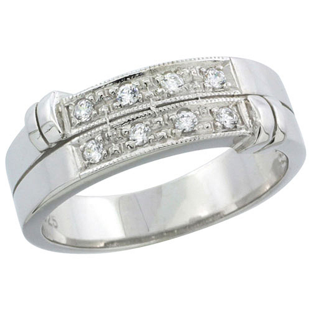Sterling Silver Cubic Zirconia Mens Wedding Band Ring, 1/4 inch wide
