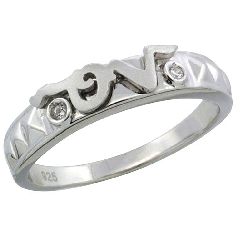 Sterling Silver Cubic Zirconia Ladies Wedding Band Ring LOVE, 3/16 inch wide, sizes 5 - 10 with half sizes