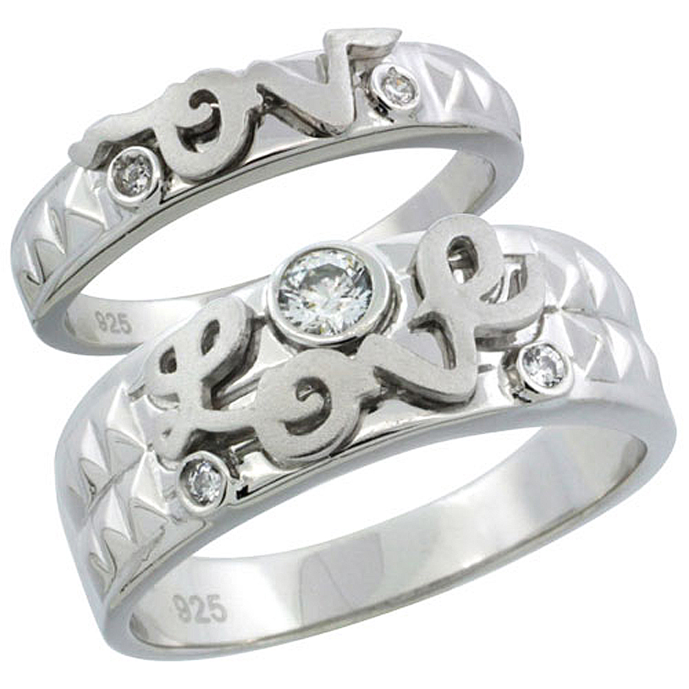 Sterling Silver Cubic Zirconia Wedding Band Ring 2-Piece Set 7 mm Him & Hers 5 mm, Sizes M 8-14 L 5-10