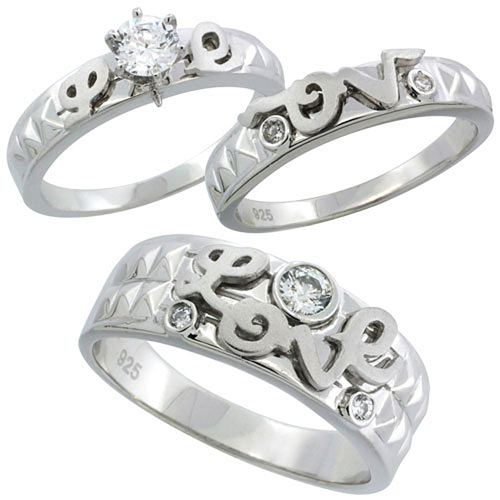 Sterling Silver Cubic Zirconia Trio Engagement Wedding Ring Set for Him and Her 7 mm LOVE, L 5 - 10 & M 8 - 14