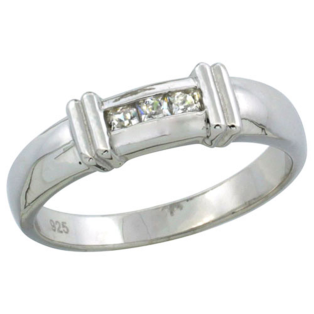 Sterling Silver Cubic Zirconia Ladies' Wedding Band Ring Channel Set Princess, 3/16 inch wide