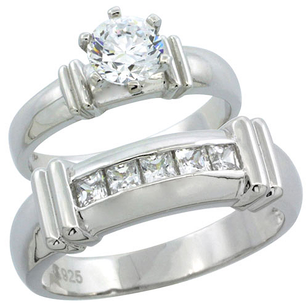 Sterling Silver Cubic Zirconia Engagement Rings Set for Him & Her Channel Set Princess 6.5mm Man's Wedding Band )