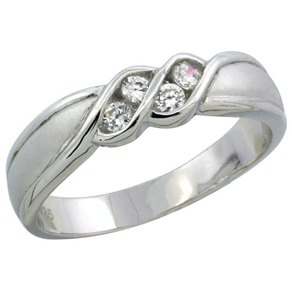 Sterling Silver Cubic Zirconia Ladies' Wedding Band Ring Channel Set, 3/16 inch wide