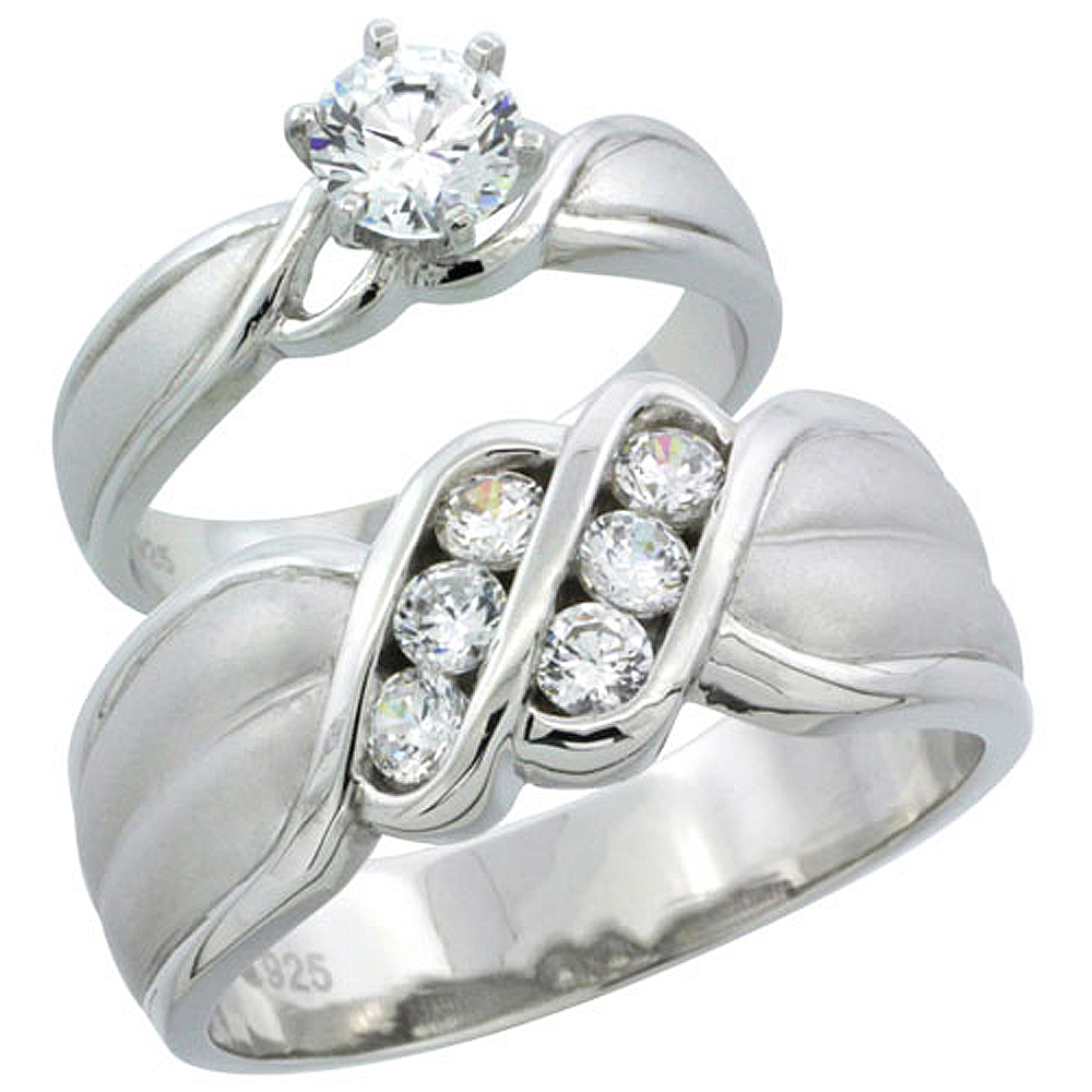 Sterling Silver Cubic Zirconia Engagement Rings Set for Him & Her Channel Set 6mm Man's Wedding Band )