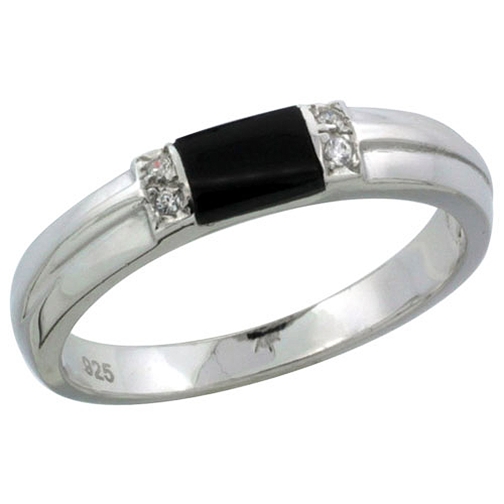 Sterling Silver Cubic Zirconia Ladies' Wedding Band Ring Black Onyx, 1/8 inch wide