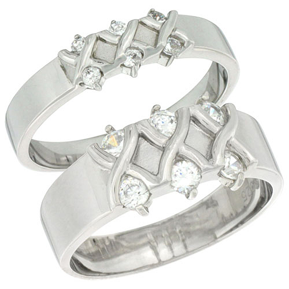 Sterling Silver Cubic Zirconia 2-Piece Wedding Ring Set for Him 9mm 3/8 inch wide & Her 5mm 3/16 inch wide, sizes L 5 - 10 & M 8 - 14