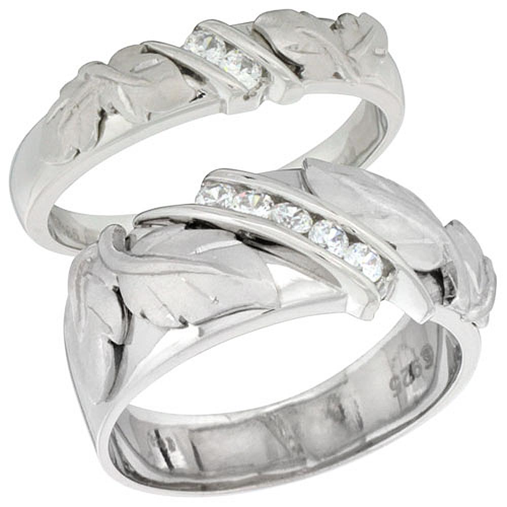 Sterling Silver Cubic Zirconia 2-Piece Wedding Ring Set for Him 9mm 3/8 inch wide & Her 5mm 3/16 inch wide, sizes L 5 - 10 & M 8 - 14