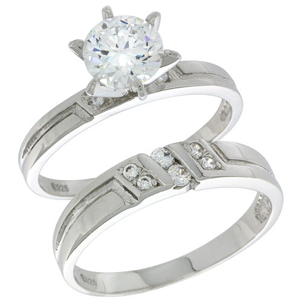 Sterling Silver Cubic Zirconia Ladies� Engagement Ring Set 2-Piece, 5/32 inch wide