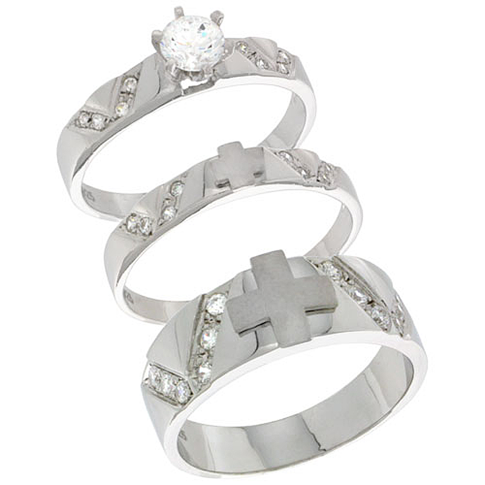 Sterling Silver Cubic Zirconia Trio Engagement Wedding Ring Set for Him and Her, men's band 1/4 inch wide, L 5 - 10 & M 8 - 14