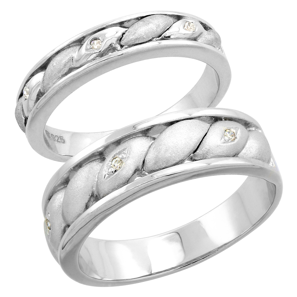 Sterling Silver Cubic Zirconia 2-Piece Wedding Ring Set for Him 6mm 1/4 inch wide & Her 4mm 5/32 inch wide, sizes L 5 - 10 & M 8 - 14